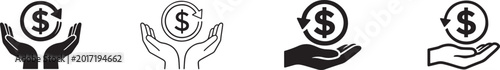 Photos Cashback icon set showing money refund, return on investment, and hand receiving payment in vector style