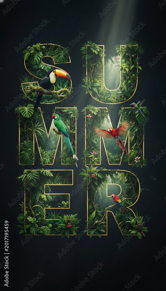 Fototapeta premium Lush jungle foliage and exotic birds fill the letters spelling 