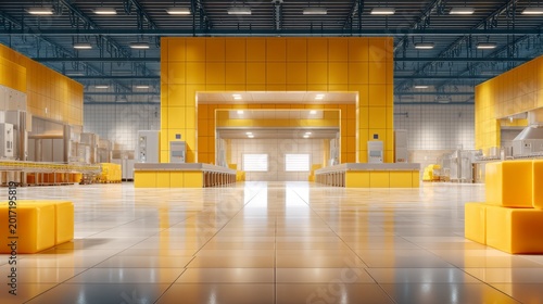 Modern bright empty industrial interior with yellow and white tile walls