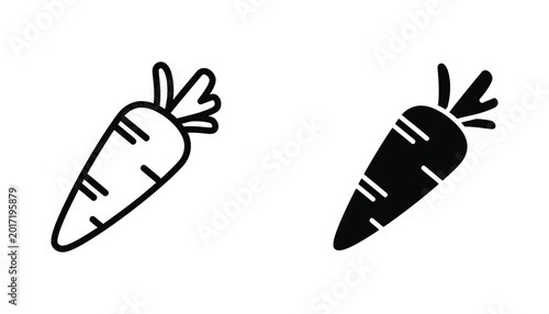 Fresh carrot vegetable icon set in outline and solid black silhouette style for kitchen design