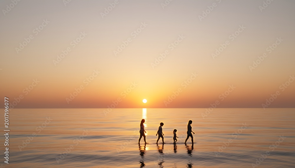 Fototapeta premium Silhouette people against dawn on a July morning walking in shallow sea water for a summer family holiday and peaceful togetherness concept with orange golden hour sunrise light