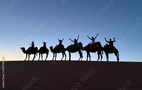 Silhouette of camel rider on top of Sahara sand dune