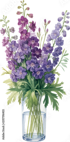 Delphinium Watercolor Botanical Vector Illustration, Larkspur Flower Plant Design Isolated on White