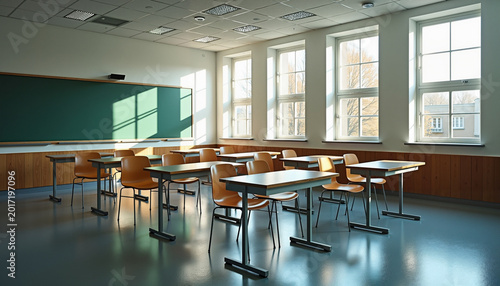 Empty classroom with natural light and modern design, educational setting, copy space