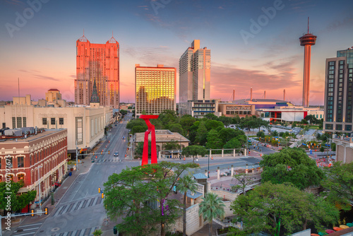 San Antonio, Texas, USA. Aerial cityscape image of downtown San Antonio, Texas at beautiful spring sunset.