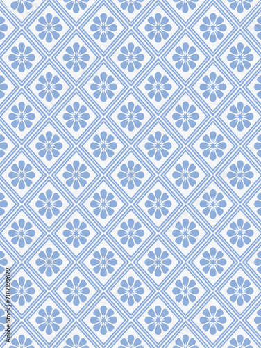 Floral pattern with blue flowers and diamond shapes seamless vector illustration
