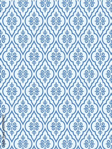 Blue floral ornament pattern seamless repeating design on white background