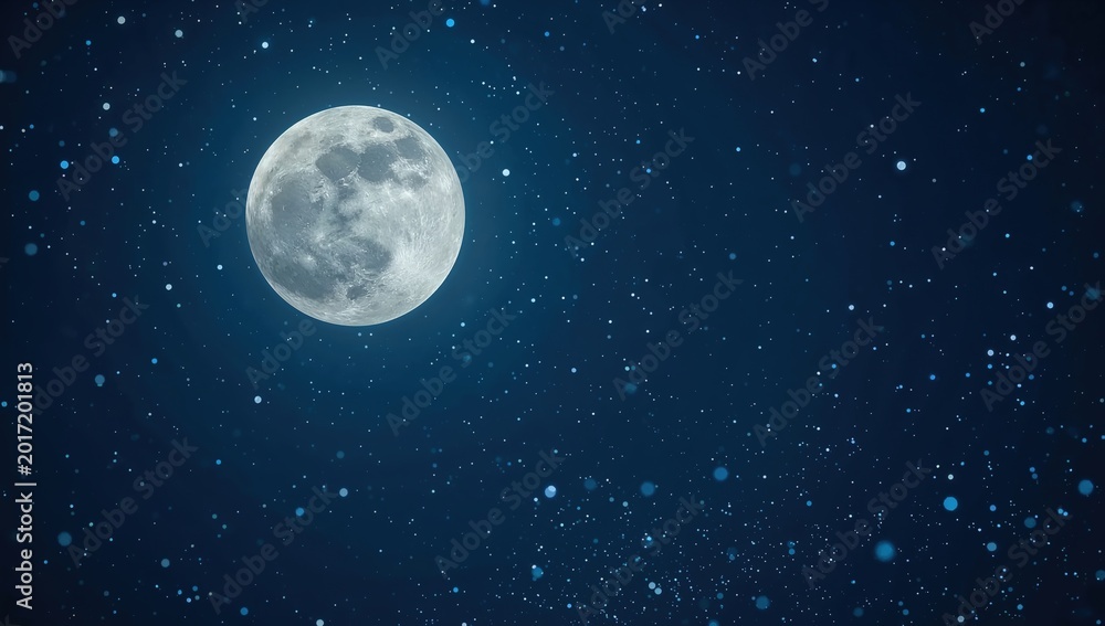 Fototapeta premium Full moon illuminates night sky with bright stars and sparkling cosmic dust on a clear evening