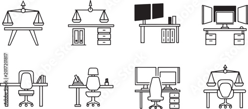 Bilde på lerret Modern Office Workspace and Legal Justice Furniture Icon Set for Professional La