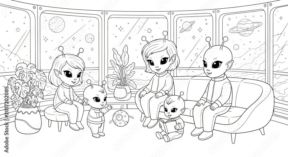 Fototapeta premium Cute alien family sitting in a spaceship living room with planets and stars visible through the windows