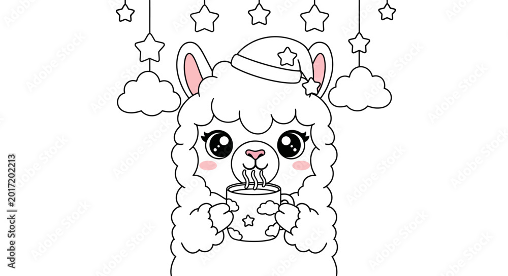 Obraz premium Cute cartoon llama wearing a sleeping cap, holding a mug of hot chocolate, with stars and clouds, black and white outline illustration