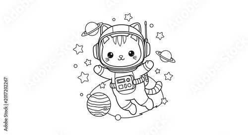 Cute cartoon cat astronaut floating in outer space with planets and stars, black and white line art for coloring