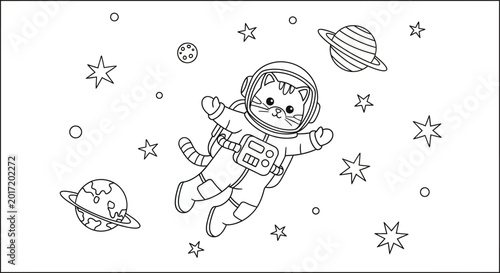 Cute cartoon cat astronaut floating in outer space with planets and stars, line art for coloring