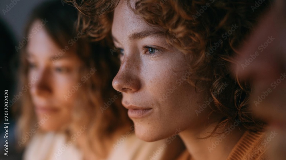 Obraz premium Close-up portrait of a young woman with curly hair. she is looking off to the side with a thoughtful expression on her face.