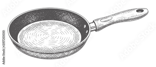 Bild auf Leinwand Hand drawn of a frying pan with a textured interior and wooden handle cooking ki