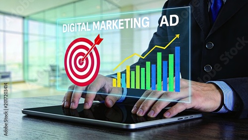 Digital Marketing And Advertising Strategy Concept, Virtual Screen Showing Target Goal And Growth Chart, Businessman Analyzing Data On Tablet For Campaign Optimization And Sales