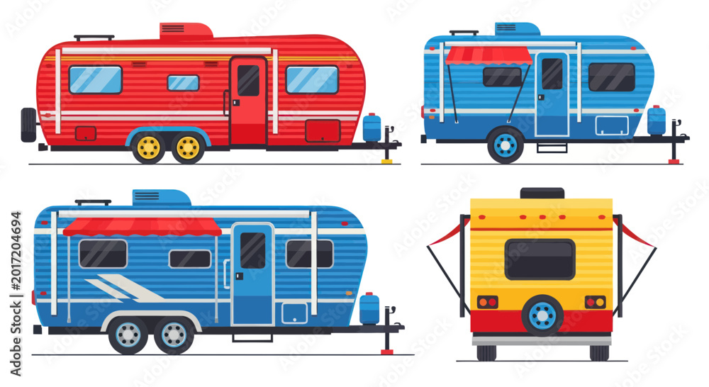 Φωτογραφία Retro Travel Trailers Set, Vintage Camper Van Collection, RV Camping Illustratio