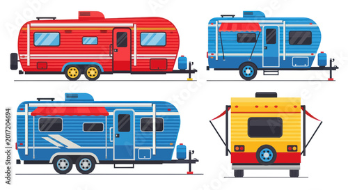 Fotografia Retro Travel Trailers Set, Vintage Camper Van Collection, RV Camping Illustratio