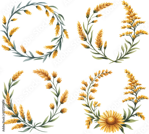 Bild auf Leinwand set of Watercolor A Goldenrod Stem flower wreath frame vector illustration isola