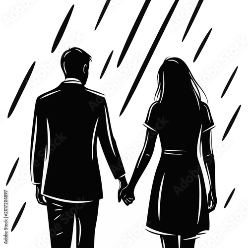 Couple walking in the rain silhouette. Black and white vector illustration of lovers holding hands. Isolated romantic journey concept