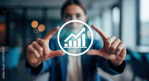 Interactive financial data visualization overlay showing upward sale trend arrow to demonstrate gesture controlled stock trading software during virtual wealth management presentation