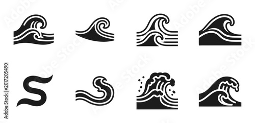 Bild auf Leinwand Stylized Wave Icons, Ocean Swells, Sea Water Motion, Nautical Symbols Set