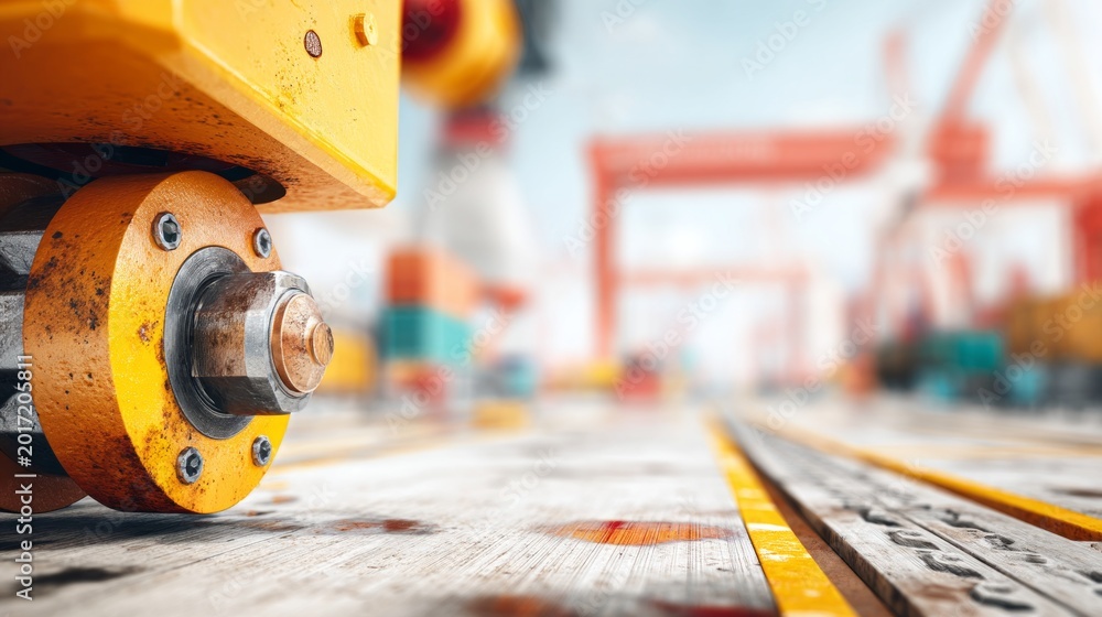 Fototapeta premium Close-up of yellow industrial metal wheel on wooden platform with blurred background