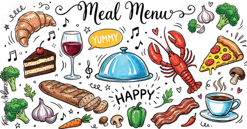 Hand drawn meal menu doodles with delicious food coffee lobster pizza and bakery vector illustration set
