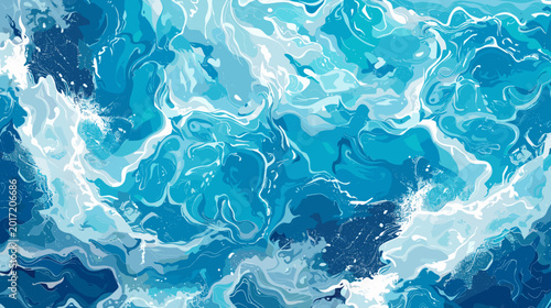 Abstract Ocean Waves With White Foam In Various Shades Of Blue And Cyan