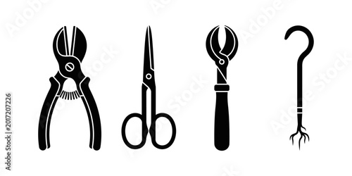 Tableau sur toile Essential black silhouette tools for gardening, plant care, and horticulture, fe