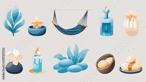 Photography Collection Of Spa And Relaxation Icons With Plants Candles Hammock And Stones Ne