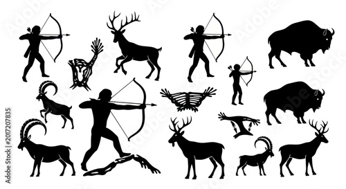 Fotografie Ancient Hunters with Bows and Arrows, Hunting Wildlife Animals Silhouette Collec