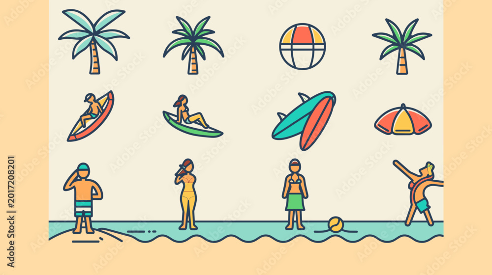 Εκτύπωση καμβά Pixel Art Beach Scene With Palm Trees Surfers And Sunbathers Enjoying Summer Vac