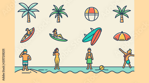 Photography Pixel Art Beach Scene With Palm Trees Surfers And Sunbathers Enjoying Summer Vac