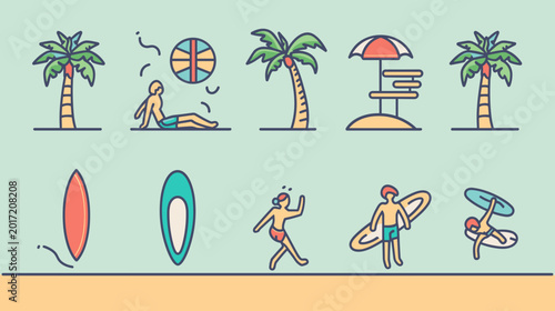 Canvas Print Pixel Art Beach Scene With Palm Trees Surfers And Sunbathers