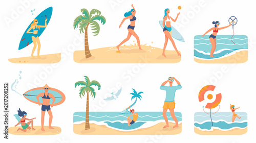 Photography Pixel Art Beach Scene With People Surfing Swimming And Playing Sports Under The