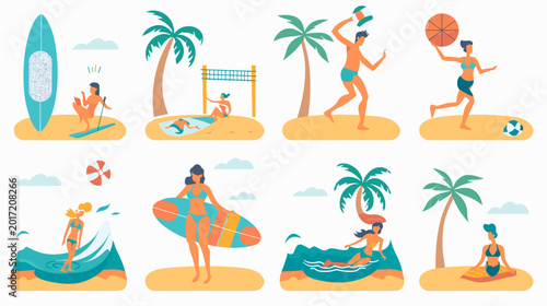 Photography Pixel Art Beach Scene With People Surfing Swimming And Playing Volleyball Summer
