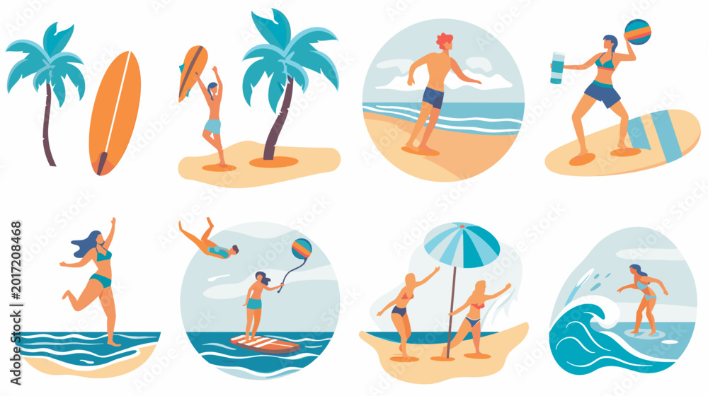 Φωτογραφία Pixel Art Beach Vacation Scenes With Surfing Swimming And Volleyball Activities