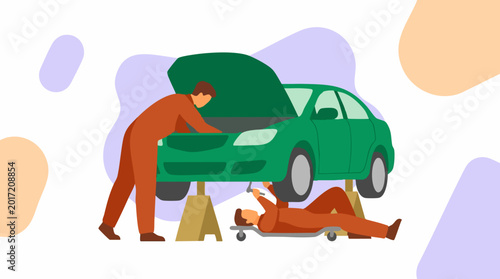 Two Auto Mechanics Repairing Car in Service Garage Illustration