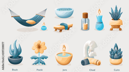Foto Pixel Art Collection Of Spa And Wellness Items Including Hammock Plants Candles