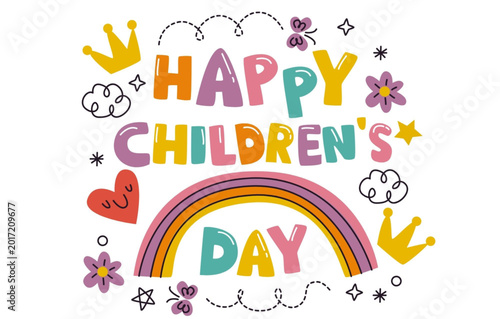 Colorful happy children's day illustration with rainbow and decorations
