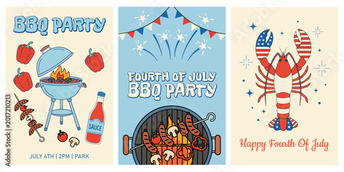 Foto Set of three fourth of july bbq party invitation posters with grill, lobster, an