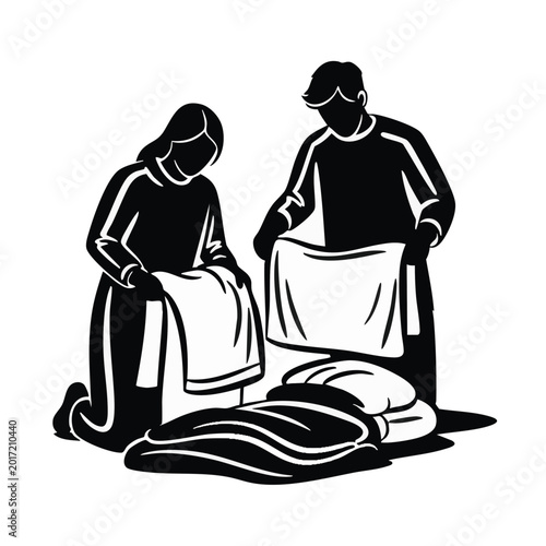 Couple folding laundry together. Man and woman doing housework silhouette. Domestic life vector illustration isolated on transparent background