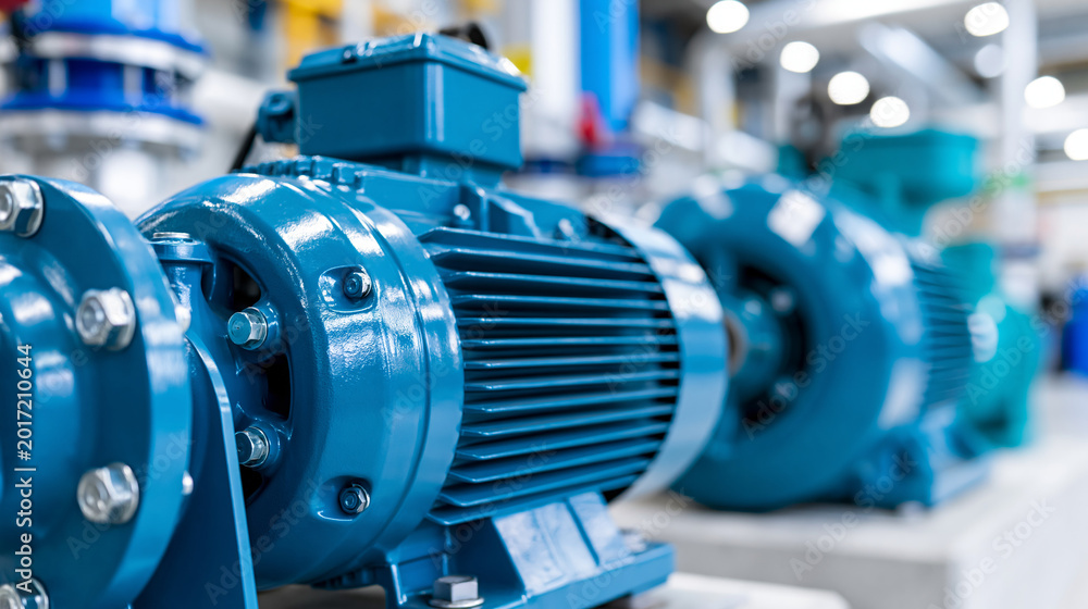Fototapeta premium Close-up of an installation of electrical motor pump power plant components, motor installation concept, industrial electrical system, pump power plant photography, defocused