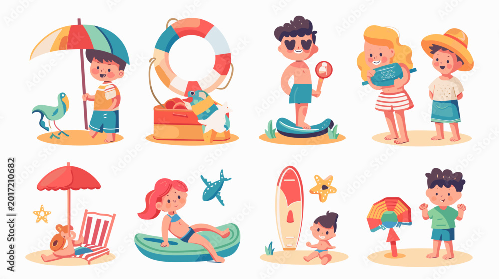Obraz premium Pixel Art Summer Vacation Scenes Children Enjoying Beach Activities with Beach Toys and Accessories