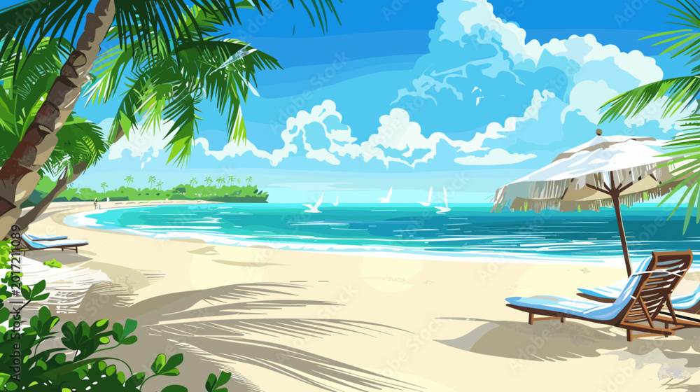 Naklejka premium Pixel Art Tropical Beach Paradise with Palm Trees Lounge Chairs and Sailboats on a Sunny Day