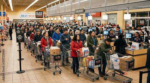 Long line of shoppers waiting at checkout during Black Friday sales  