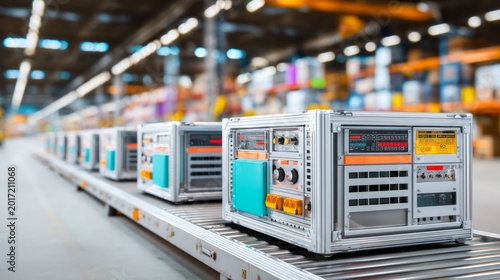 Industrial conveyor with electronic control units in modern factory warehouse