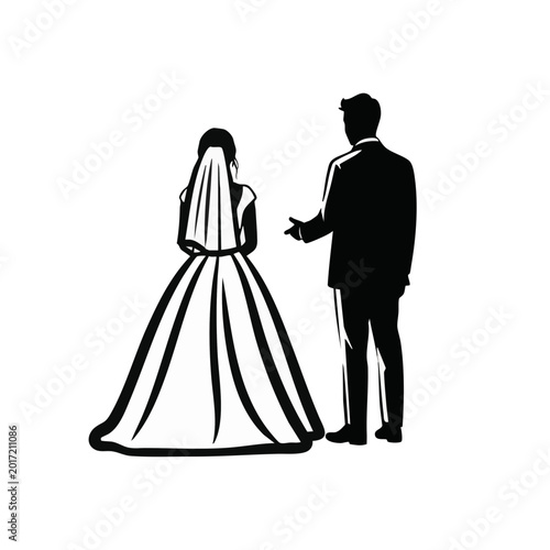 Wedding couple silhouette. Bride in gown and groom in suit. Marriage and love concept. Vector illustration isolated on transparent background