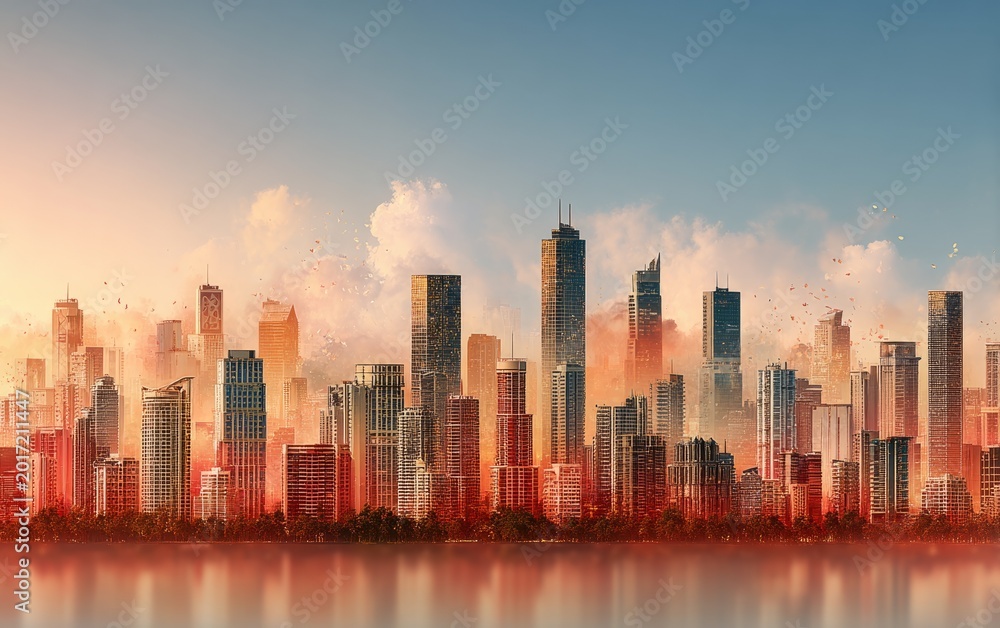 Fototapeta premium Modern city skyline with high-rise building reflection at sunset time